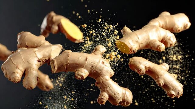 Floating ginger root pieces with granules on a black backdrop creating a dynamic, spicy food ingredient showcase.