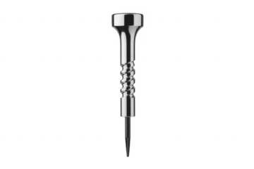 Polished metal dart tip with twisted grip and flared barrel isolated on a transparent background