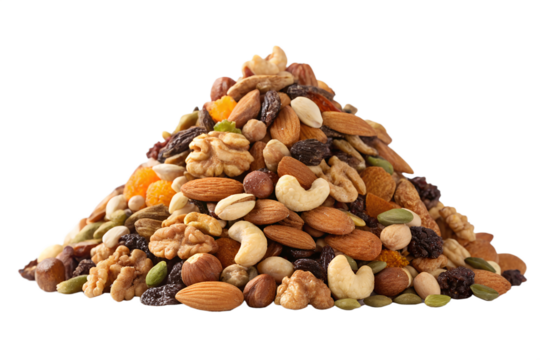 Large Mountain Pile of Mixed Nuts, Dried Fruits, and Trail Mix Ingredients Isolated on White
