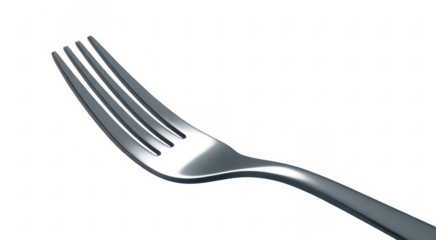 Polished silver four-tined fork with smooth curves and reflective surface isolated on a transparent background