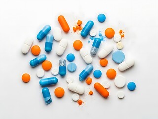 Colorful medical pills and capsules scattered on a white background, representing pharmacy, health, and treatment concepts.
