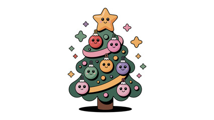 Festive Cheer Illustration: A cheerful, illustrated Christmas tree radiates joy with its ornaments and star, embodying the spirit of the holiday season. 