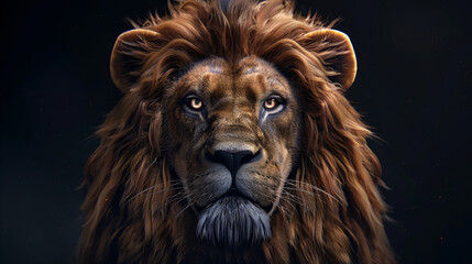 Naklejka premium 3D Rendered Strong Lion Portrait with Cinematic Lighting on Dark Background, Symbol of Power and Leadership