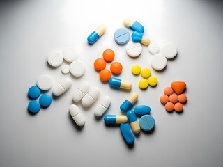 Colorful Assorted Pharmaceutical Pills and Capsules Scattered on White Background