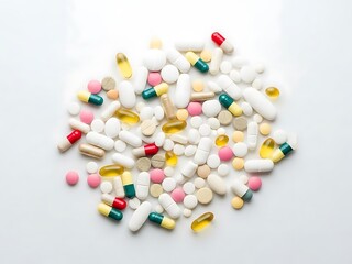 Diverse colorful pills, capsules, and tablets scattered on a white background, representing medicine, healthcare, and pharmacy.