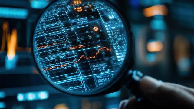 Scanning and analyzing data on a digital interface with a magnifying glass in a high-tech environment, scope scanning and data processing on black background - Powered by Adobe