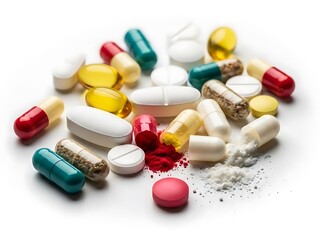Assorted colorful pharmaceutical pills, capsules, and powder on white. Healthcare, medicine, and drug concept.