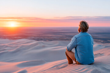 Person sitting on sand dune watching sunset over vast desert landscape Generative AI
