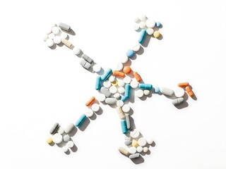 Assorted pharmaceutical pills and capsules arranged in a snowflake-like star shape on a white background, symbolizing health and medicine.