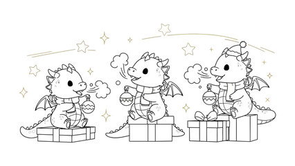 Whimsical Dragon Celebration: Charming cartoon dragons, each adorned with a scarf and winter hat, perch atop gift boxes, creating a delightful scene of holiday cheer.