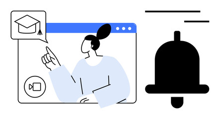 Person in a virtual interface pointing to a graduation cap notification, symbolizing online education updates or tips. Ideal for education, remote learning, webinars, training, alerts, communication
