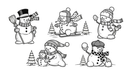 Winter Wonderland Characters: A collection of delightful snowmen characters each engaging in fun winter activities, capturing the magic and joy of the season.