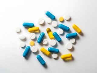 Assortment of colorful medicine pills and capsules scattered on a clean white background, healthcare and pharmacy concept