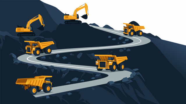 Large-scale coal mining operation illustrated with heavy excavators and dump trucks transporting ore on a winding mountain road for industrial resource extraction