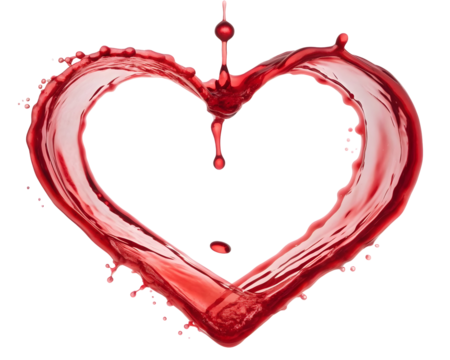 Red liquid heart splash isolated on a transparent background
