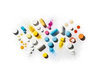 Assorted colorful pharmaceutical pills, capsules, and powders on a clean white background