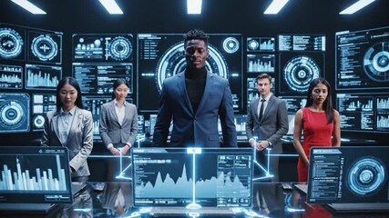 Business Team in a Futuristic Tech Room with a Leader and Data Displays - Powered by Adobe