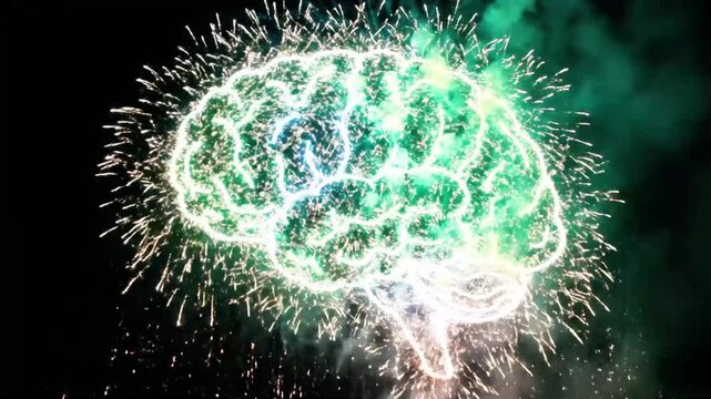 Fireworks exploding into the shape of a brain or heart, sparkling particles, night sky, dopamine rush concept