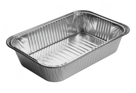 Rectangular aluminum foil baking pan with fluted sides and rim isolated on a transparent background