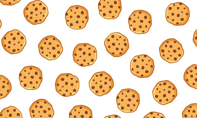 Seamless vector pattern with cookies. Chocolate chips cookies seamless pattern. Perfect for bakery branding, packaging, wrapping paper, textile prints, menu designs