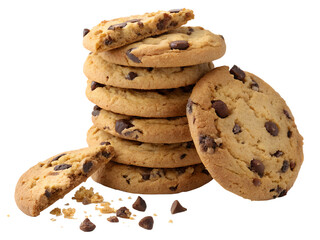 Stack of Golden Brown Chocolate Chip Cookies with a Broken Piece Isolated on White