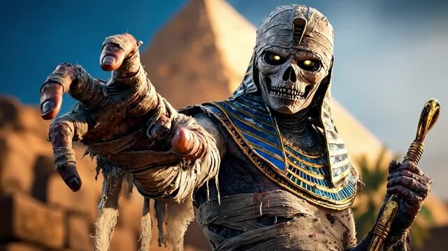 A man dressed as an Egyptian pharaoh holding a staff in front of a pyramid