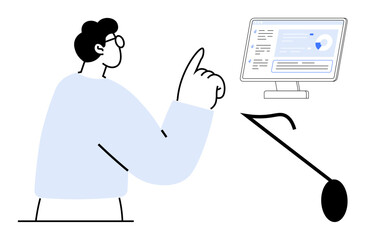 Man pointing hand with visual data on monitor and supporting pointer tool. Ideal for education, presentation, analysis, communication, strategy, innovation, leadership. Simple flat metaphor