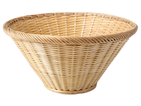 Woven wicker basket with flared rim isolated on a transparent background