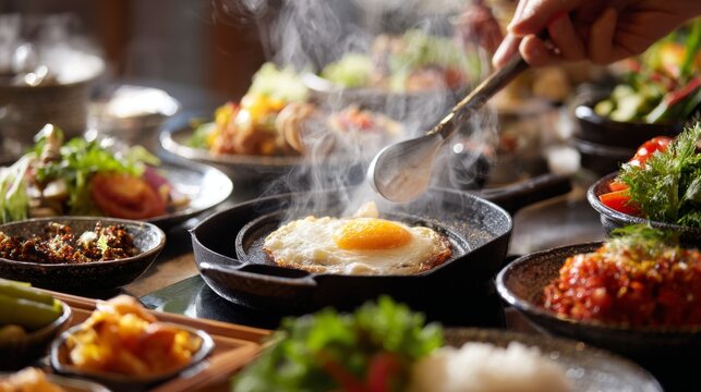 Delicious sizzling dish with egg and assorted vibrant ingredients on a table in a cozy restaurant setting during a delightful dining experience