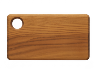 Rectangular wooden cutting board with rounded corners and a circular hole isolated on a transparent background