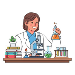 Illustration of a smiling researcher conducting scientific experiments in laboratory setup