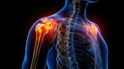 Shoulder Pain: An anatomically precise, vividly illuminated depiction of shoulder pain, highlighting areas of discomfort within the human anatomy.