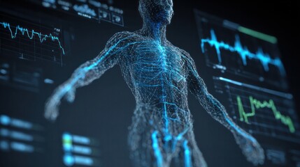Unveiling the Human Blueprint: A digital depiction of the human body, overlaid with a glowing skeletal structure and illuminated circulatory system.