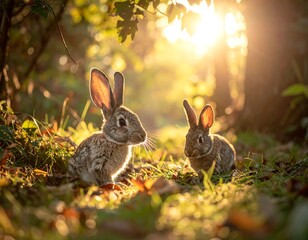 Obraz premium Two rabbits basking in golden sunlight amongst forest foliage