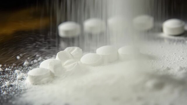 Molecule of diazepam valium posed with tablets on dark surface showcasing structure and form, Diazepam (Valium) molecule