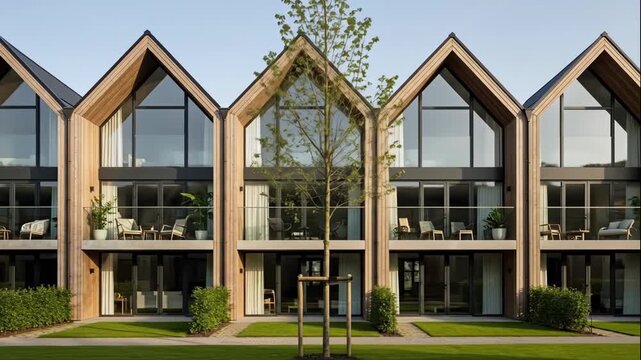 Modern townhouse row featuring striking aframe gables, natural wood cladding, and expansive glass facades overlooking a manicured lawn