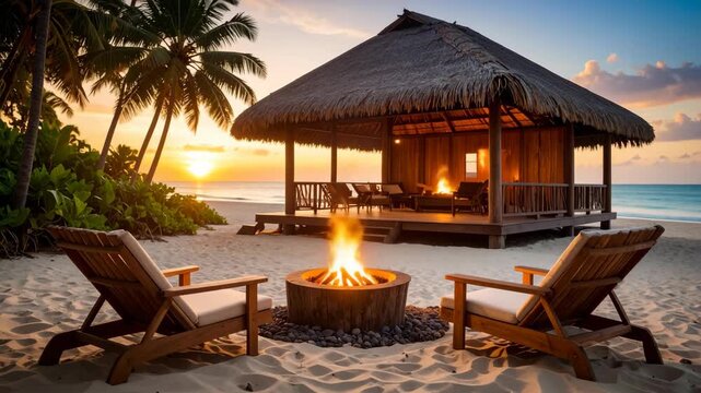 Secluded tropical beach scene with a beachfront bungalow, fire pit, and palm trees at sunset creating a relaxing vacation atmosphere.
