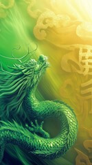 Majestic green dragon ascending mystical landscape digital art enigmatic environment dynamic viewpoint