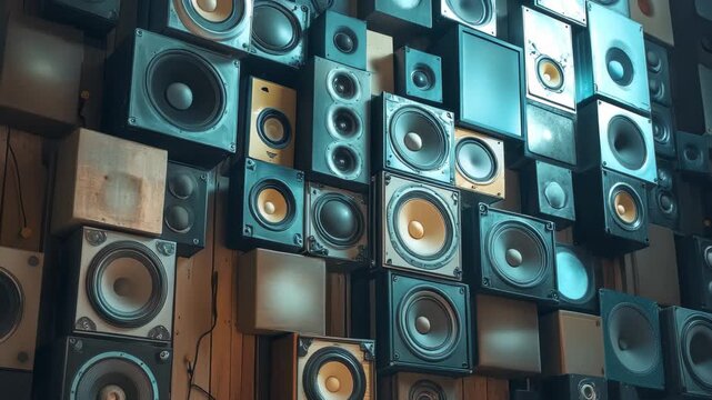 Creative arrangement of stacked speaker membranes illuminating the room with vibrant colors, Playing speaker membranes stacked in endless Lit by colourful retro lights