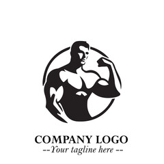 Man With Muscle Logo Symbol in Black on White Background for Strong Bold Fitness Branding Design Art