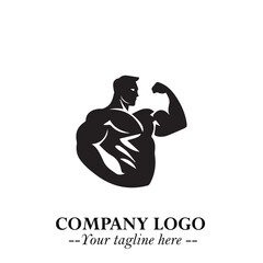 Man With Muscle Logo Symbol in Black on White Background for Strong Bold Fitness Branding Design Art