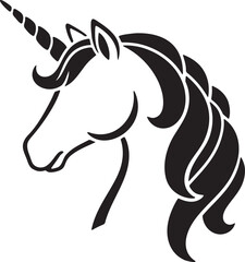Unicorn Head Silhouette Vector Illustration: Majestic Mythical Creature, Black and White Graphic Design, Fantasy Animal Art, Horned Horse Icon