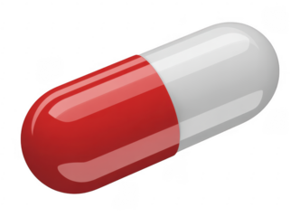 Red and white capsule with glossy surface on black background isolated on a transparent background 1