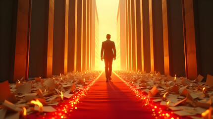 Silhouetted businessman walking confidently down a glowing red carpet toward bright golden light, symbolizing success and achievement