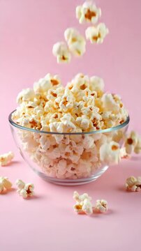 Falling popcorn in clear bowl on pink background, studio shot. Delicious snacks, crispy salted popcorn, movie night treat.