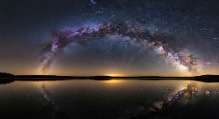 Fototapeta premium Milky Way Reflection - A Celestial Spectacle Over Still Waters.