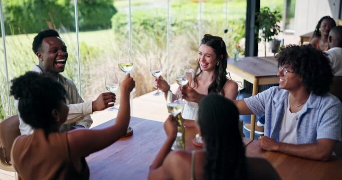 Laugh, friends or cheers for wine tasting at restaurant with social event, experience or appreciation. Bonding, people or drinks toast at vineyard outdoor for weekend activity, celebration or reunion