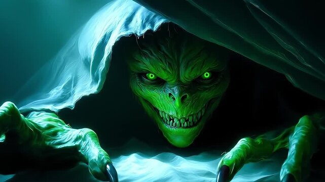 A green monster with green eyes peeking out of a cave