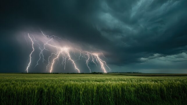 Stormy Symphony: Witness the raw power of nature as multiple lightning strikes illuminate a vast green field under a dramatic, overcast sky, creating a breathtaking spectacle of light and shadow.