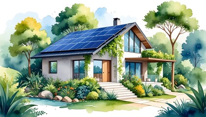 Watercolor depiction of modern eco-friendly home with solar panels